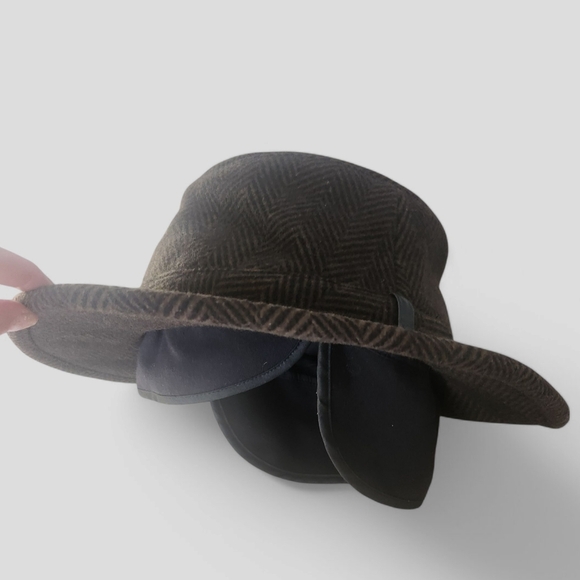 Tilley Endurables Wool Brown Herringbone Fedora Hat With Ear And Brim Flaps